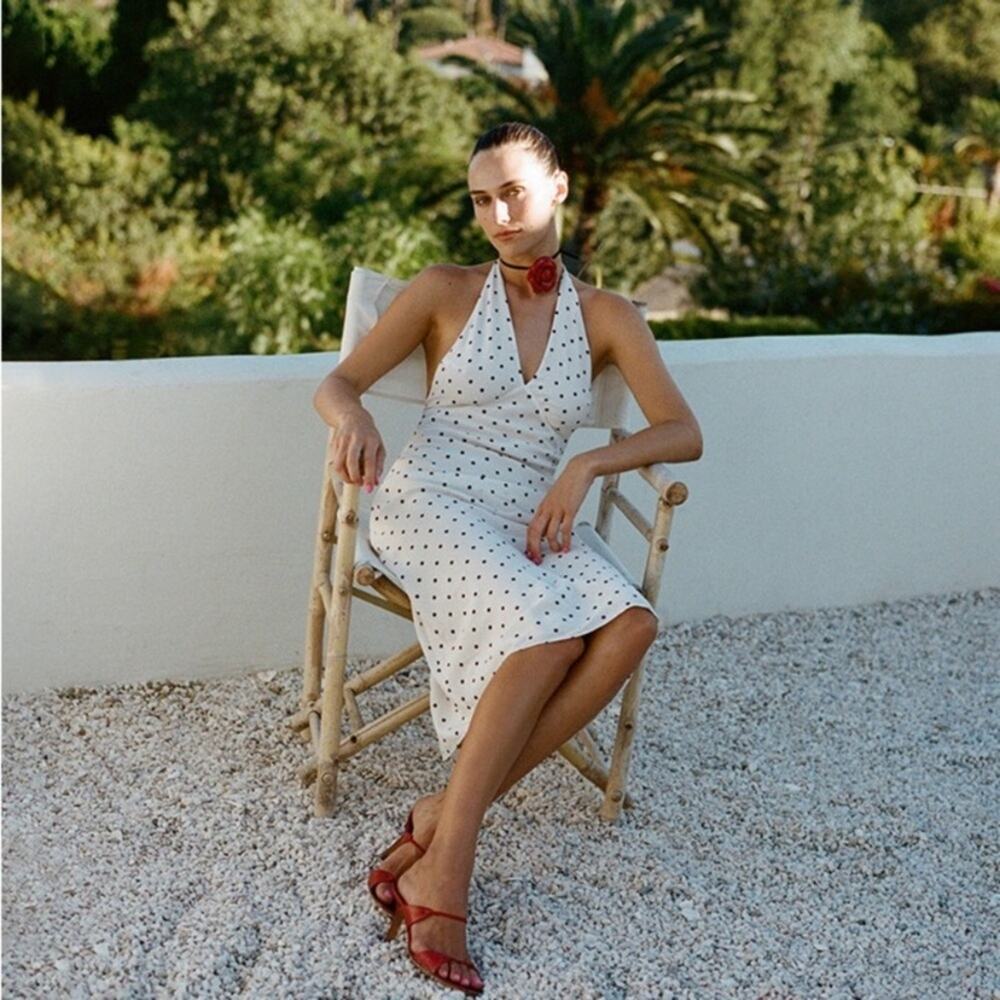 Realisation Sadie Silk Halter V Neck Midi Slip Dress Petite Spot Polka Dot White - Picture 5 of 16